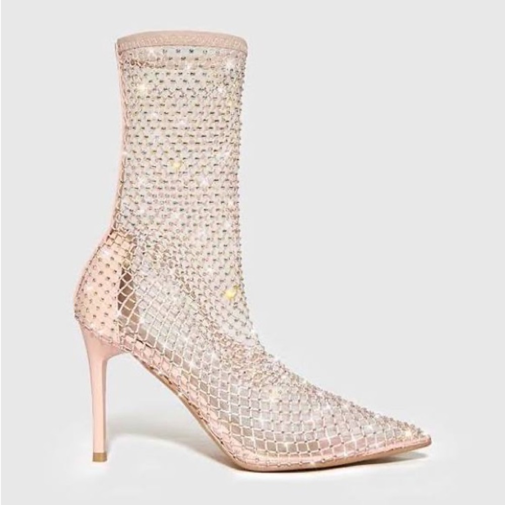 Rhinestone Mesh Pointed-Toe Heeled Boot in Blush